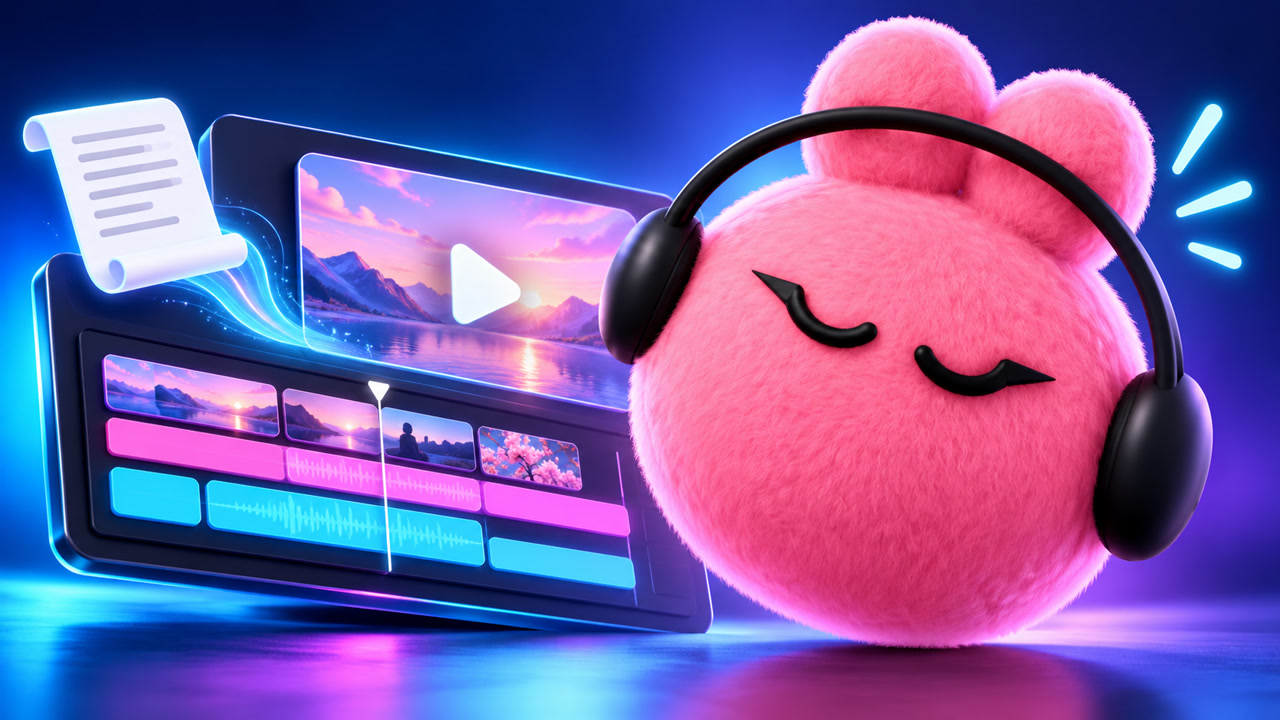 LEA, the pink dot mascot wearing headphones, beside a conceptual video editing timeline and a video play card.