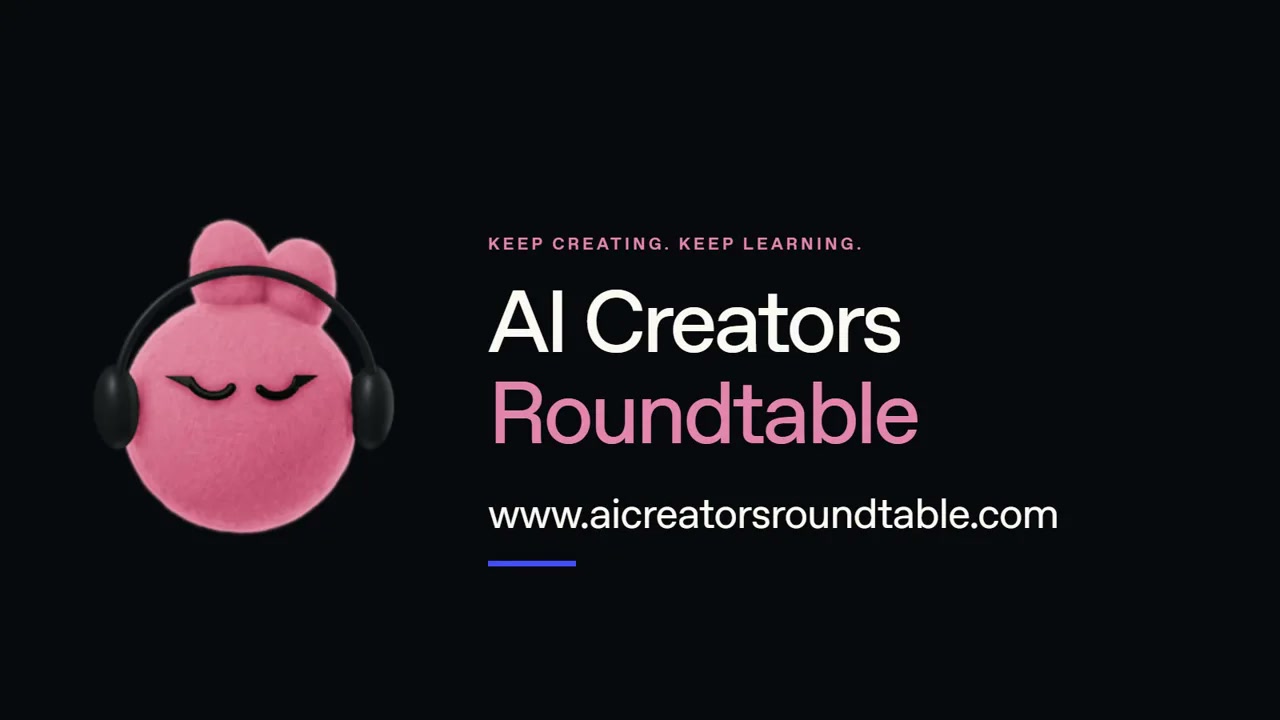The pink LEA dot mascot wearing black headphones beside the AI Creators Roundtable wordmark and site address.