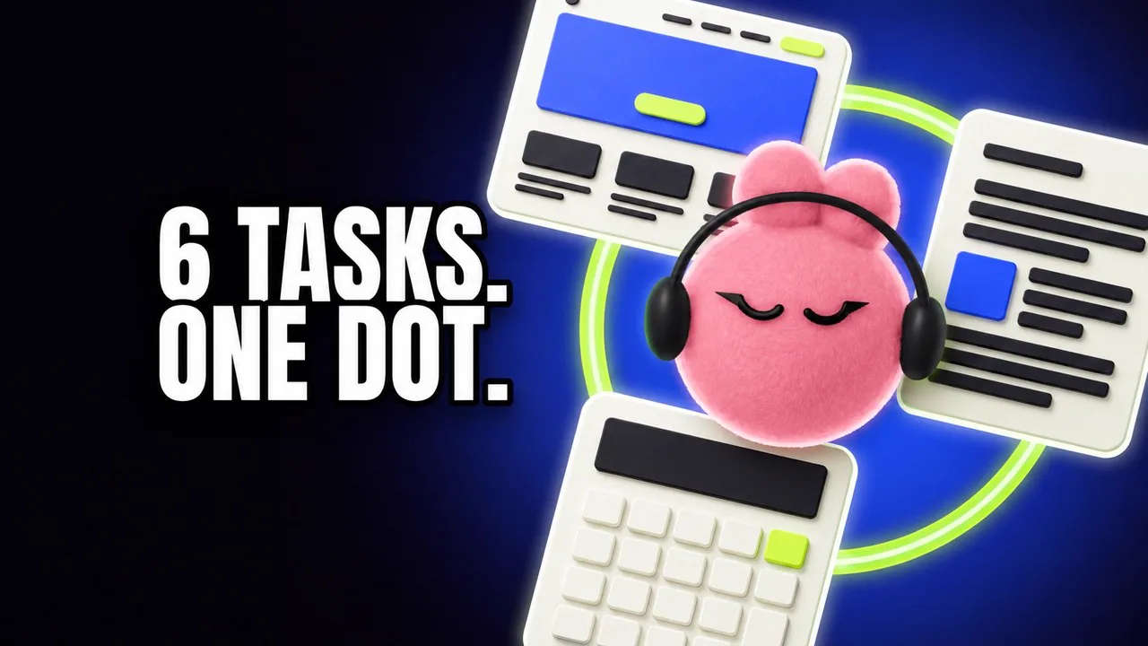 Pink headphone-wearing LEA dot surrounded by creator-task panels, with 6 Tasks. One Dot. on the thumbnail.