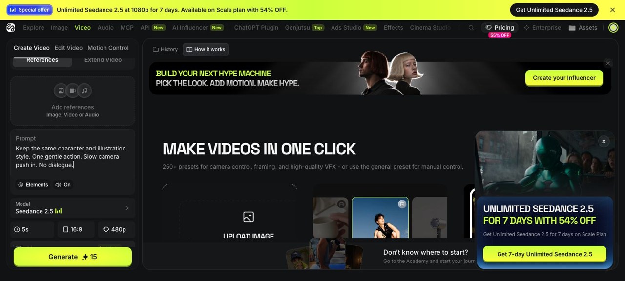 Actual Higgsfield video controls with Seedance 2.5 and the 480p setting.
